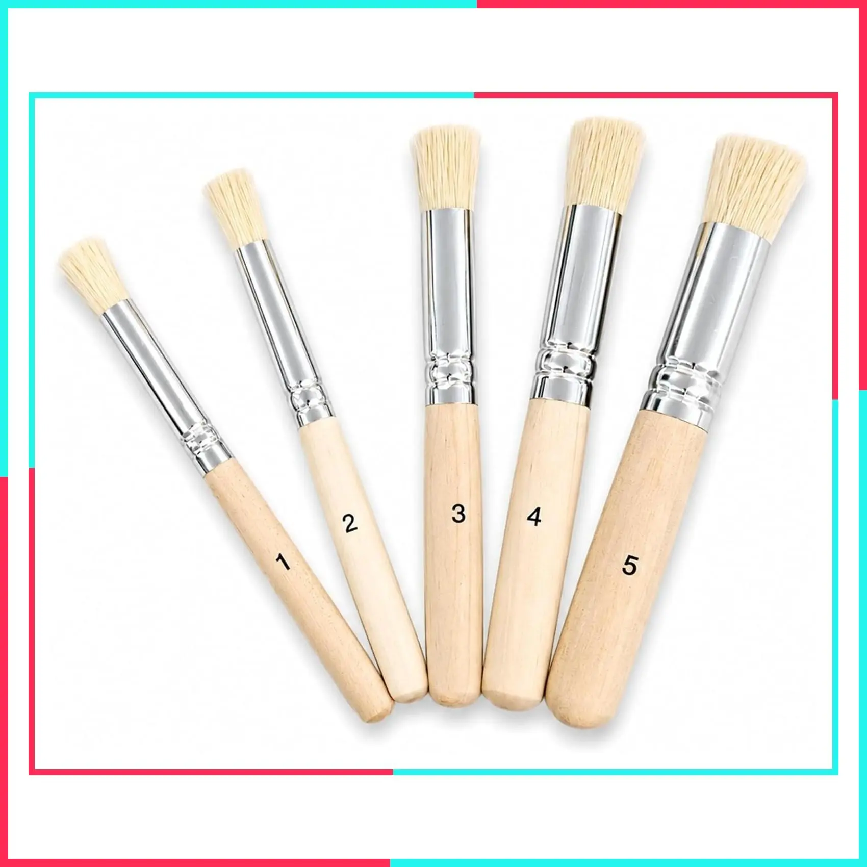 5-Piece Round Stencil Brush Set with Wood Handles - Natural Bristle Paint Mop Brushes for Acrylic, Chalk Paint, Watercolor, Fabric, Walls & Furniture