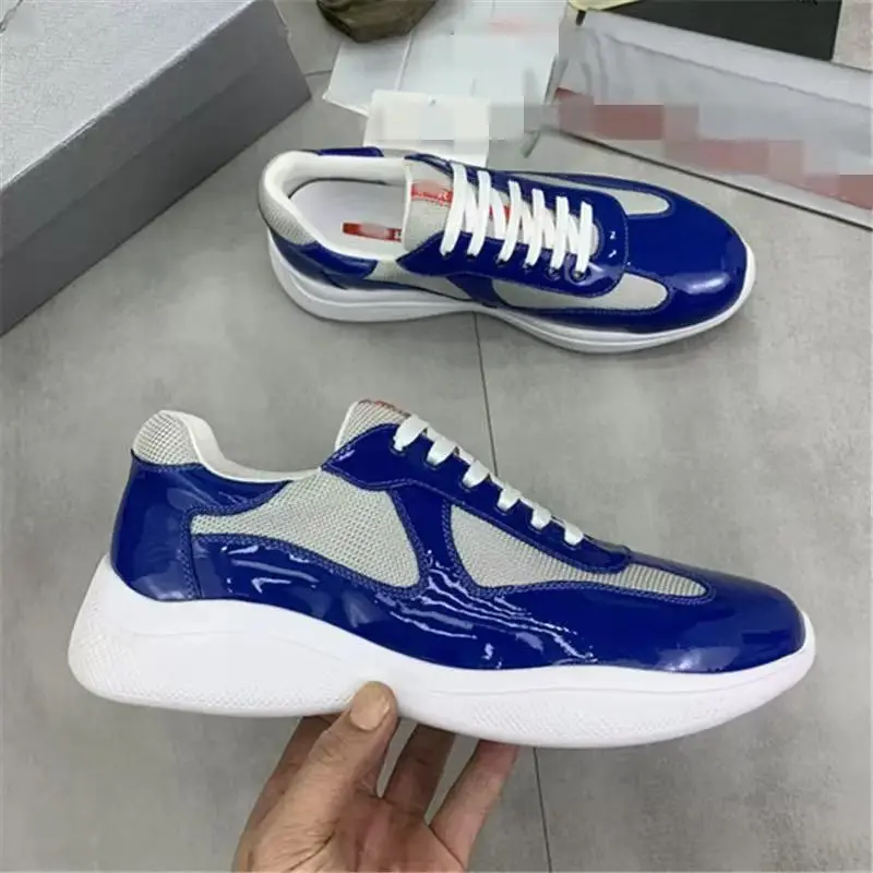 Men Blue Glossy Patent & Mesh Sneakers Breathable Upper Shock Absorbing Thick Platform Sole Versatile Lace Up Everyday Casual Urban Street Walking Shoes