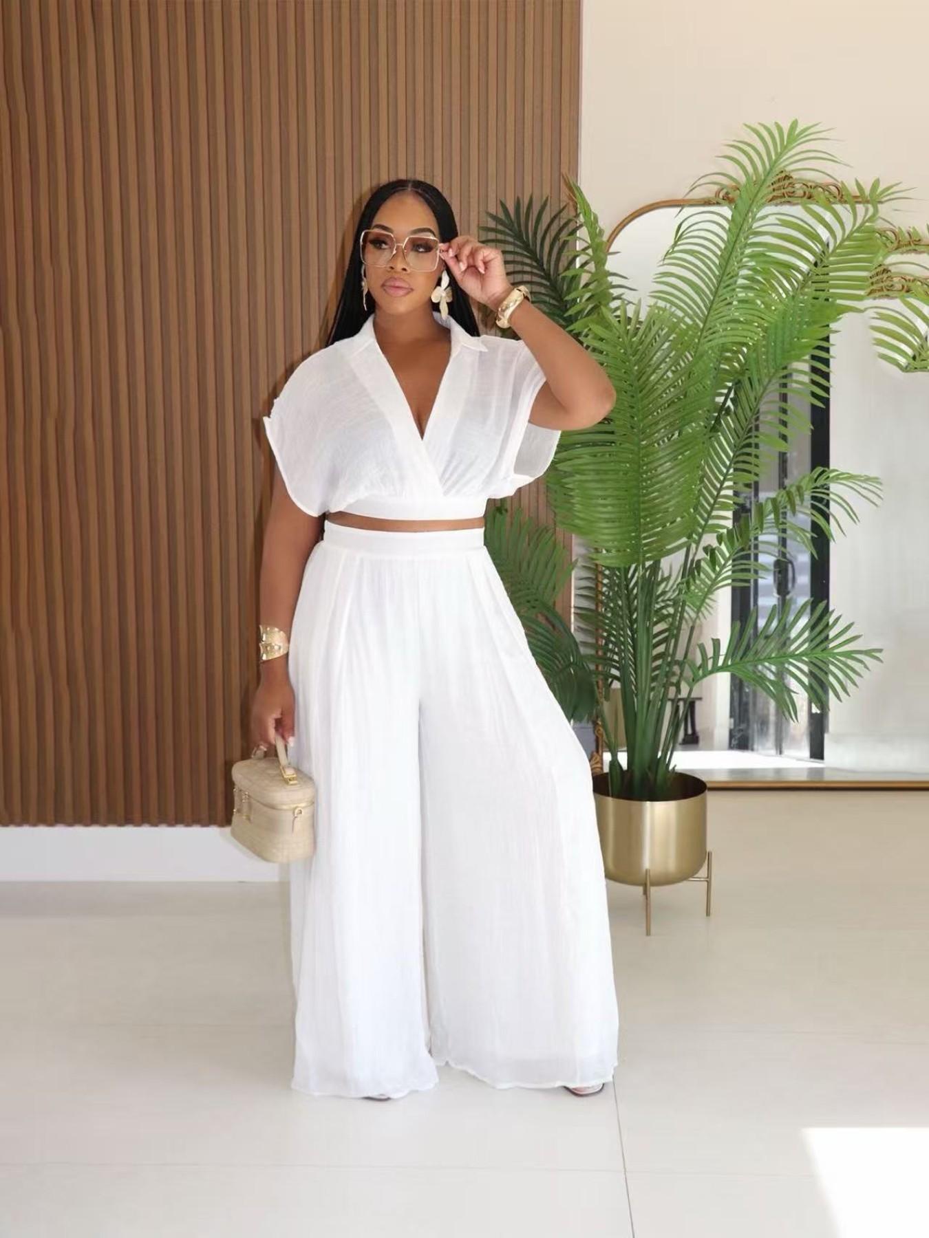Women's Casual Vacation Chic Style Loose Collared Vneck Short Top and High Waist Wide Leg Pants Set, Comfortable and Stylish for Relaxing Days