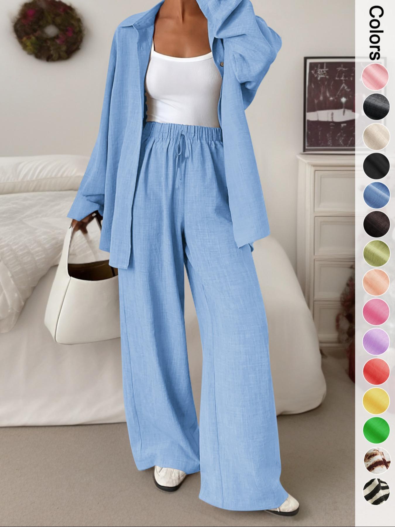 Women's Casual Sporty Shirt Long Pants Set, Loose Button-Up Top Wide Leg Pants Two-Piece Set, Comfortable and Stylish