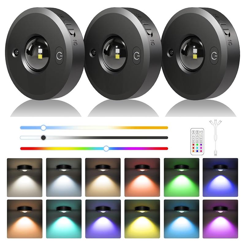 3-Pack Rechargeable LED Disk Lights with Remote Control, Adjustable Dimmable Cabinet Light, 12 Colors & 2 Dynamic Modes, Magnetic Wall Lamp