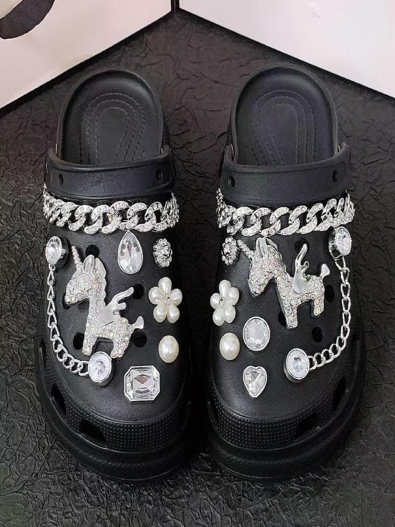New 16pcs Hole Shoe Decoration Accessories Chain Small Horse Set Silver Color Rhinestone Chains, Detachable Hole Shoes Parts