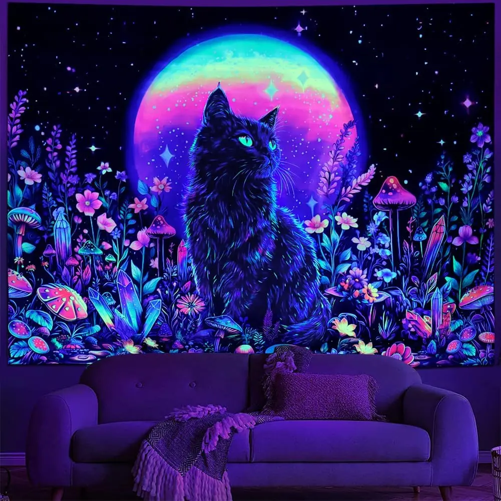 Blacklight Black Cat Tapestry UV Reactive Moon Stars Floral Wall Hanging Tapestry Moonlit Garden Home Decor for Bedroom Living Room Dorm