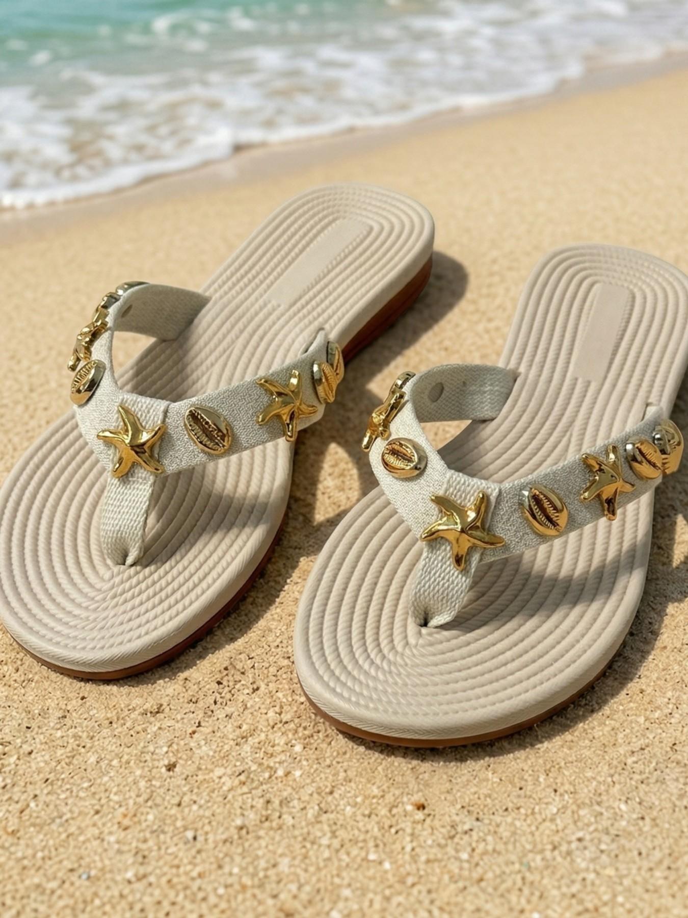 Summer New Metal Starfish Shell Sandals for Women, Soft Sole Anti-Slip Beach Shoes, Outdoor Slip-On Flip Flops