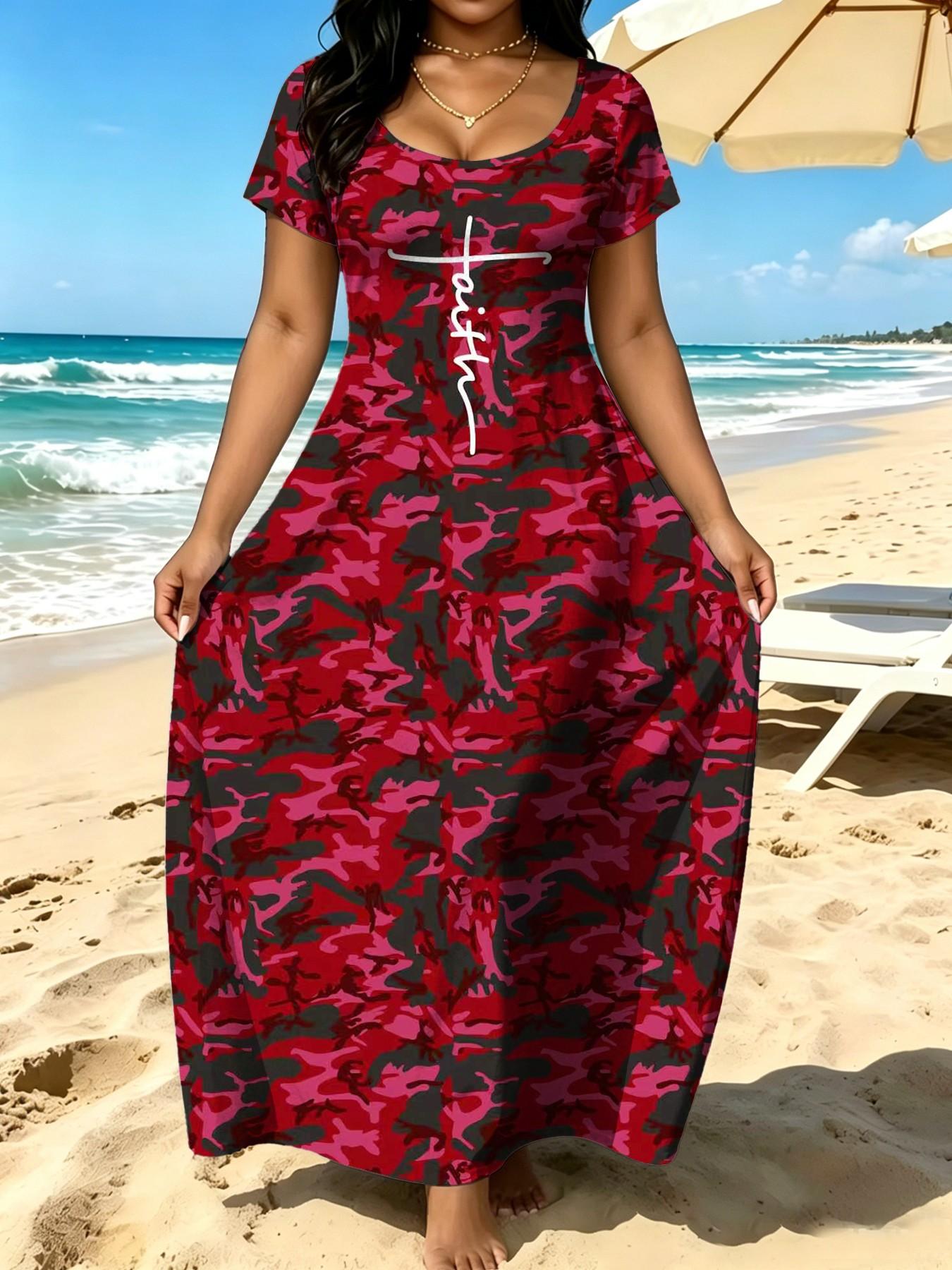 Plus Size Women's Summer Vintage Camouflage Letter Print Dress, Womenswear, Loose Fit Round Neck Long Skirt with Pockets, Casual Daily Wear