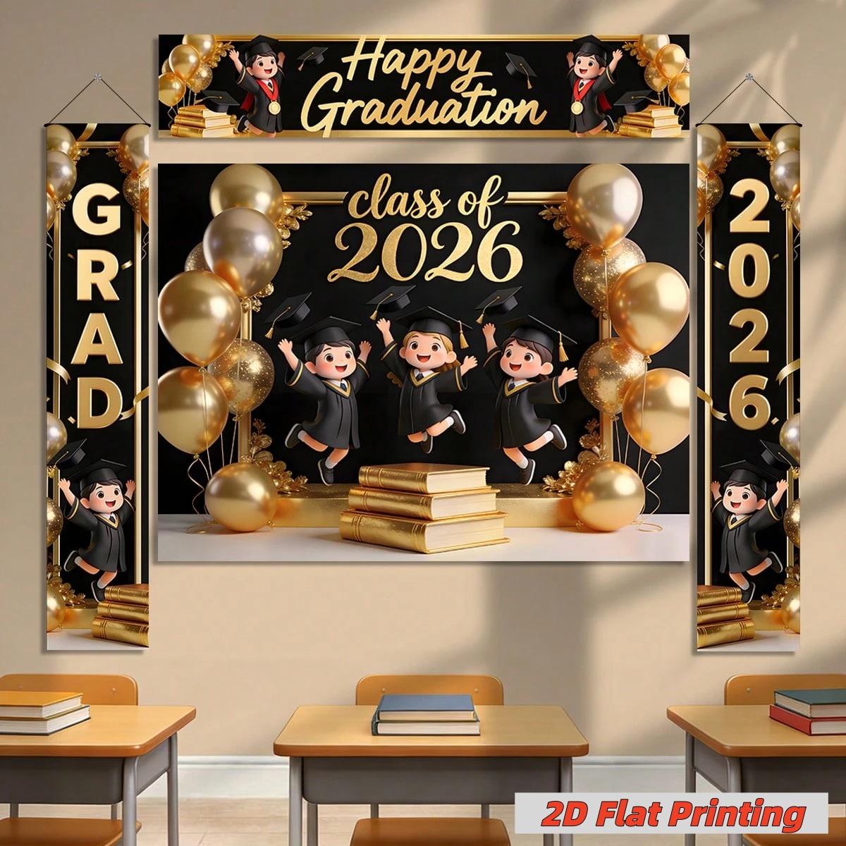 2D Flat Class of 2026 Graduation Decoration Set 1 piece banner + 3 piece door curtain set Polyester material, balloons, bachelor's uniform and book banner 2026 Graduation Ceremony Party Photo Hanging Cloth Campus Graduation Season Banners Banners Couplet