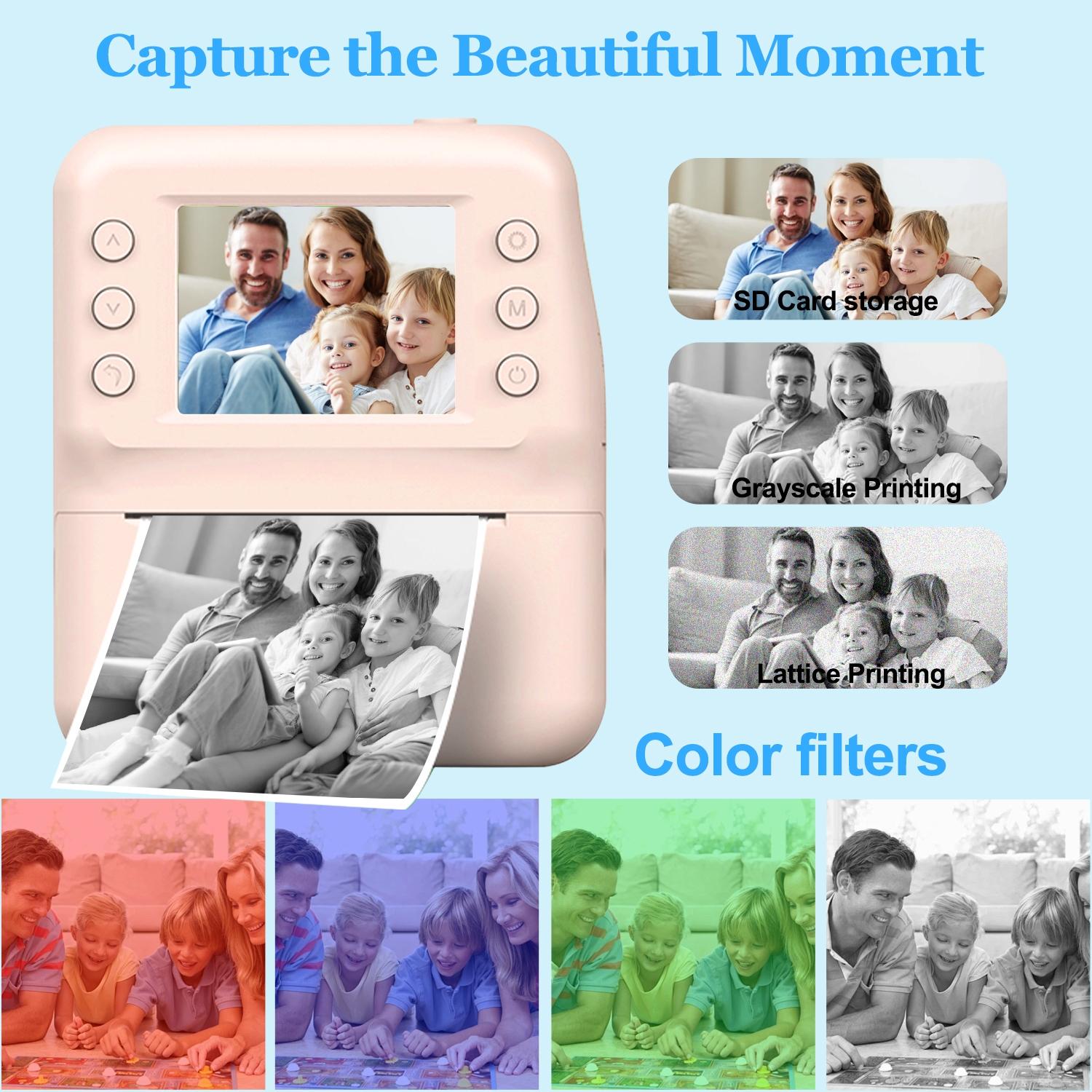 Kids Instant Print Camera 48MP High Definition 1080P Video, 8X Magnification Zoom with Flashlight, 5 Color Photo Filters, 3s/5s/10s Timed Shooting & 3/5 Burst Shooting, Includes 3 Rolls Printing Paper, Great Camera Toy for Kids