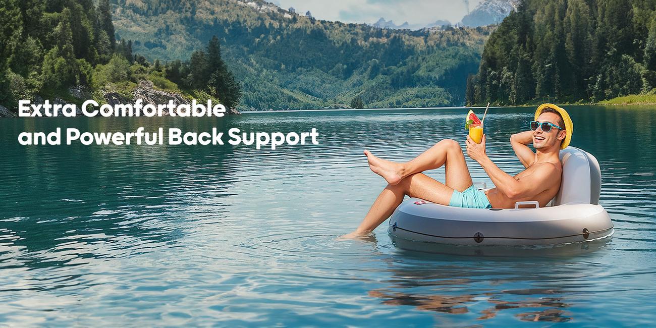 QPAU Inflatable River Tube, 0.4 mm Thickened Puncture-Resistant Heavy Duty River Float, River Raft with Ergonomic Backrest, Mesh Bottom & 2 Cup Holders for Family Friends Lake Float Lounge Adults pool accessories Multifunction