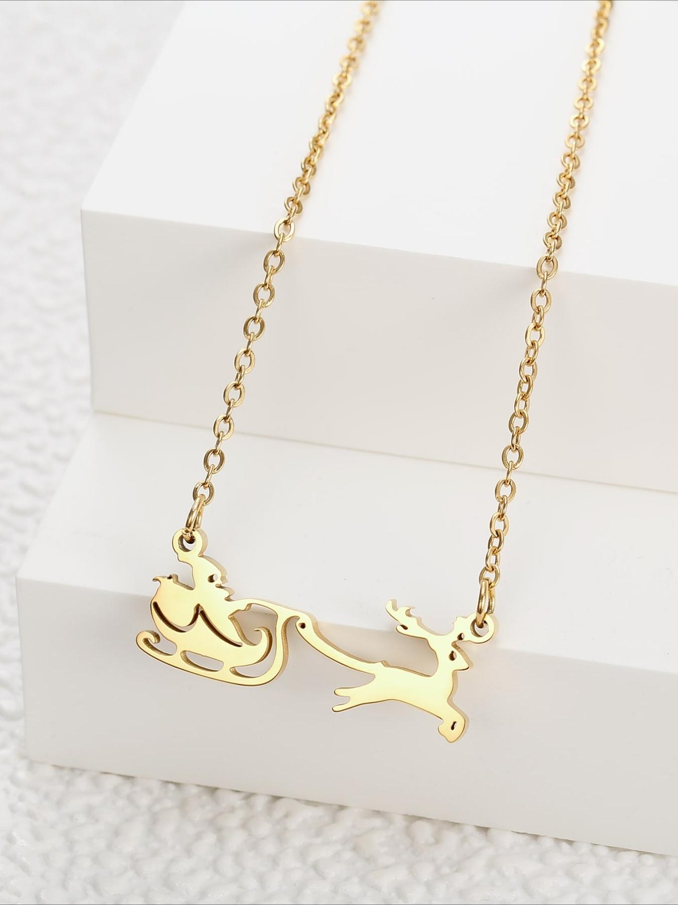 Santa Claus Elk Sled Pendant Necklace, Stainless Steel Non Fading, Personalized Versatile Accessory, Christmas Accessories