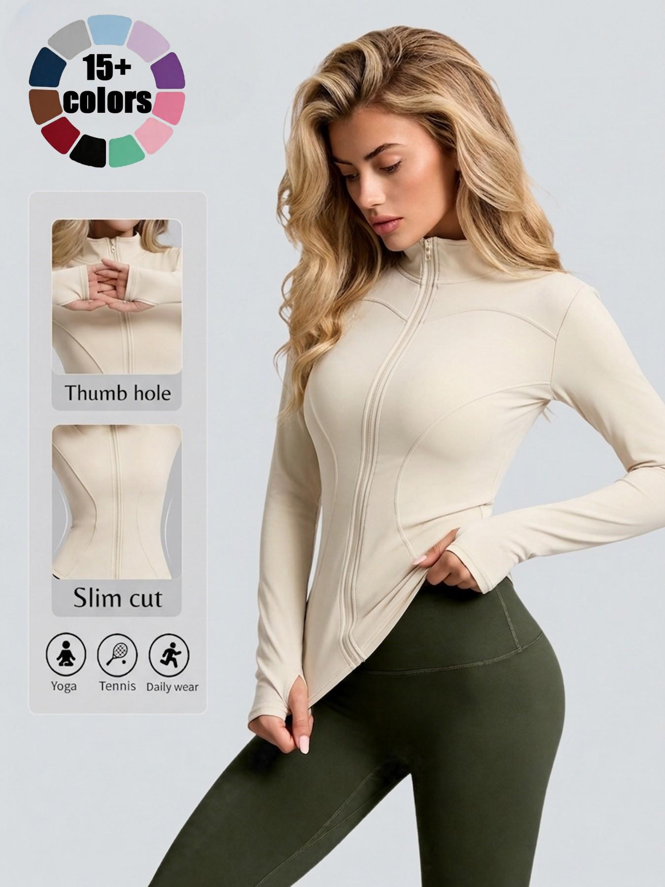 Women High Stretch Stand Collar Thumbhole Fitness Top, Breathable Running Slim Yoga Shirt, Long Sleeve Tight Workout Jacket, Workout Wear