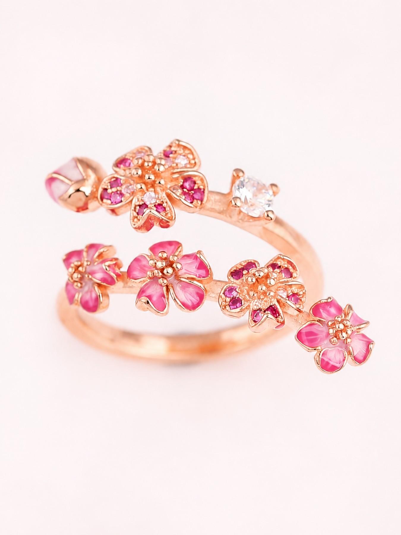 Floral Adjustable Ring for Women, Pink Flower Fashion Ring, Bohemian Fashion Ring, Copper Tone Delicate Blossom Jewelry, Feminine Daily Wear Ring, Elegant Fashion Rings