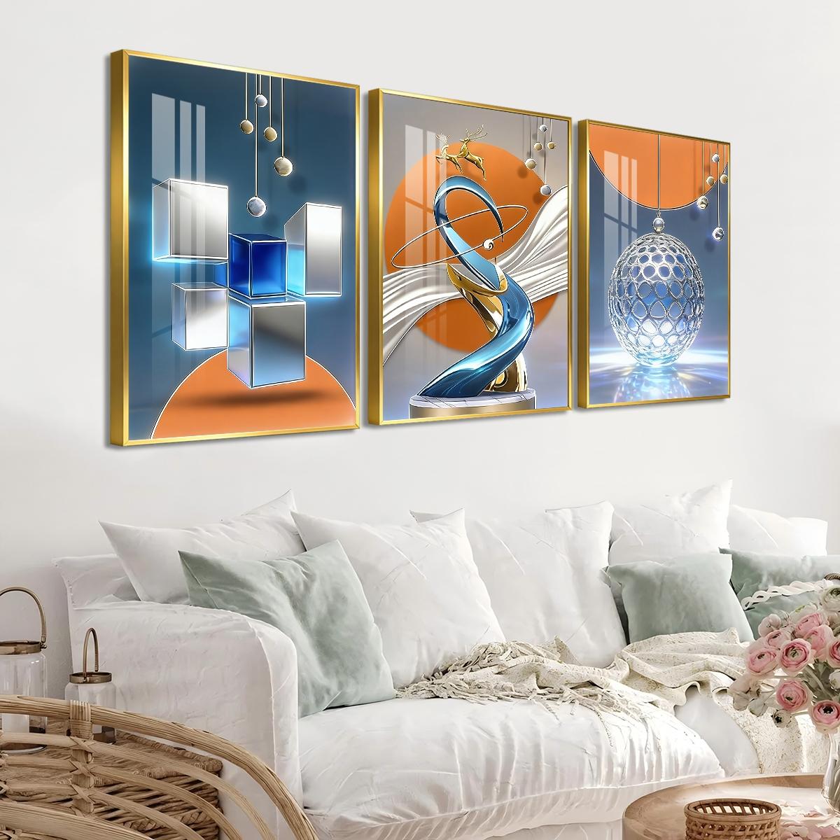 3 Counts Aluminum Alloy Framed Painting, Modern Abstract Geometric Sphere And Cube Art, Home Decoration For Living Room, Bedroom, Office, Restaurant, Hallway Wall Decor, Odorless Print Artwork, Luxury Perfect Gift For Friends And Family