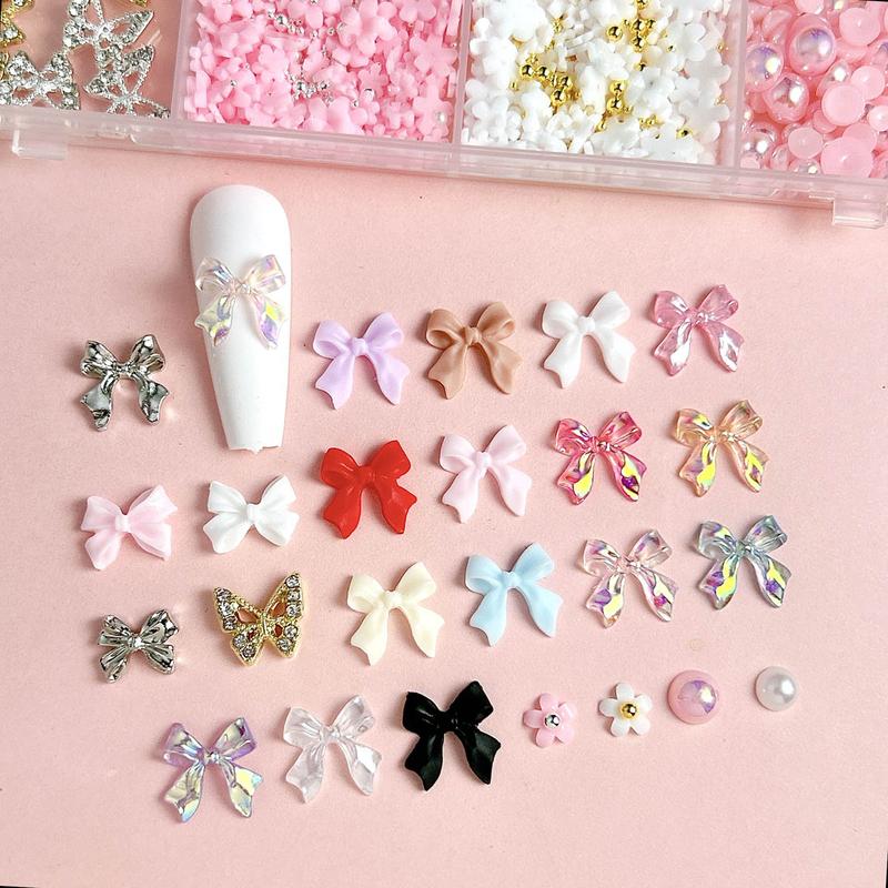 1Box 3D Classic Bowknots Resin Nail Charms Sold Color Ribbon Bow Light Luxury Hollowed Butterfly Alloy Nail Art Decorations DIY Manicure Supplies Nail Art Design