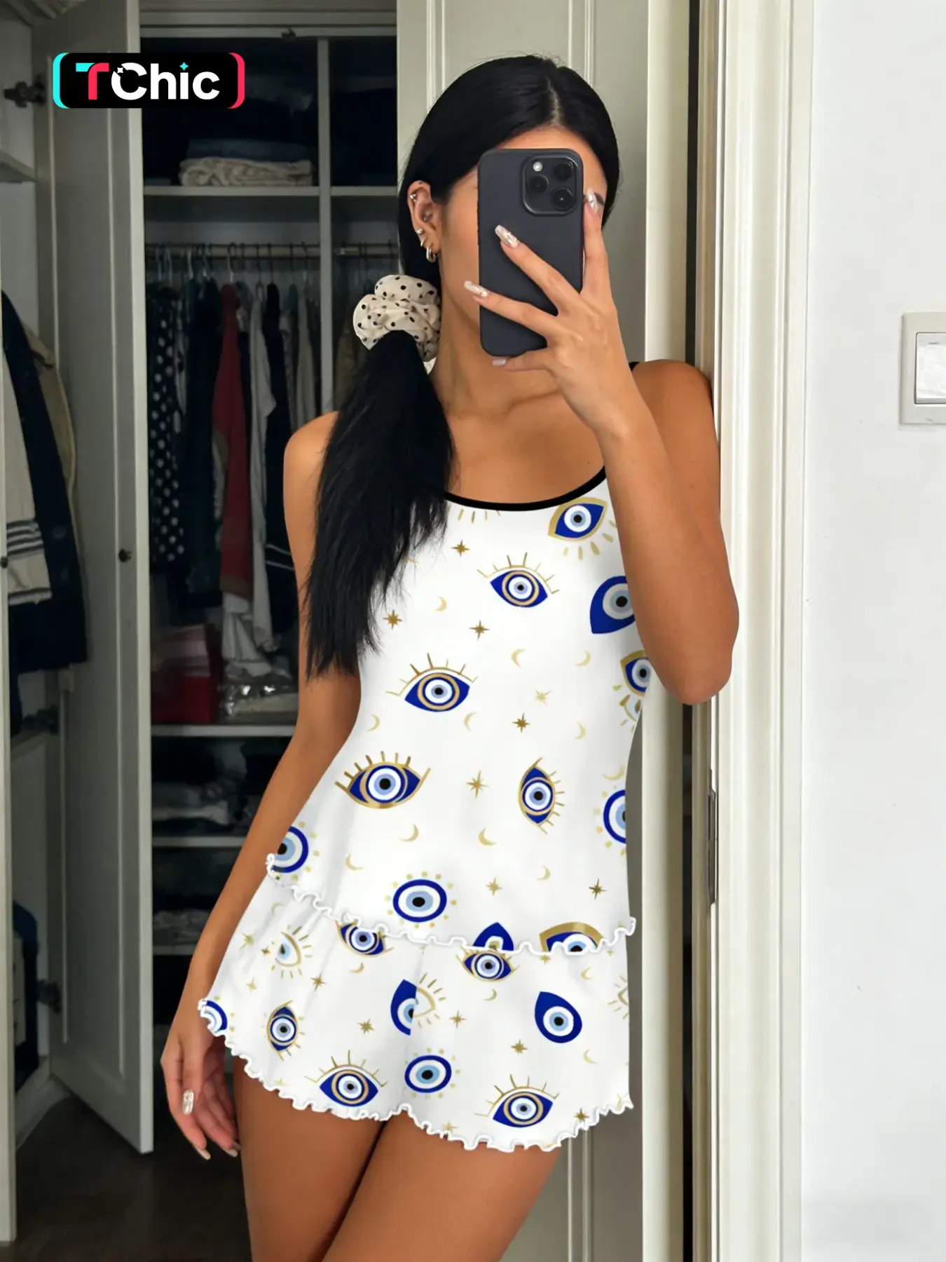 Base Turkish Evil Eye Star Moon Print Pajama Set Pjs Pyjamas, Border Ruffle Design, Aesthetic Sexy Slim-Fitting Sleeveless Sleepwear, Loungewear, Womenswear