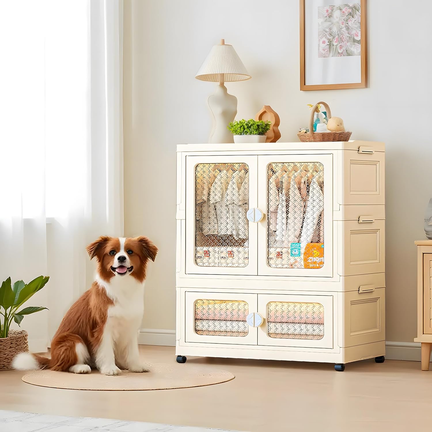 2-Tier Wardrobe Closet with Transparent Doors | Collapsible, Stackable Storage Organizer with Wheels & Lid