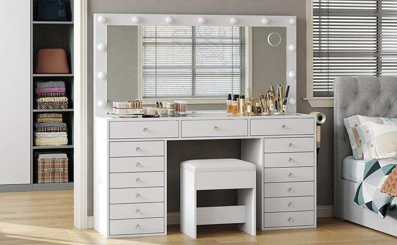 FUSOU [ Valentine's Day ] 55" W Vanity Desk, Makeup Vanity with Charging Station, 15 Drawers Vanity with Lighted Mirror, 3 Lighting Modes, Brightness Adjustable, Glass Top, Vanity Table with Chair for Bedroom