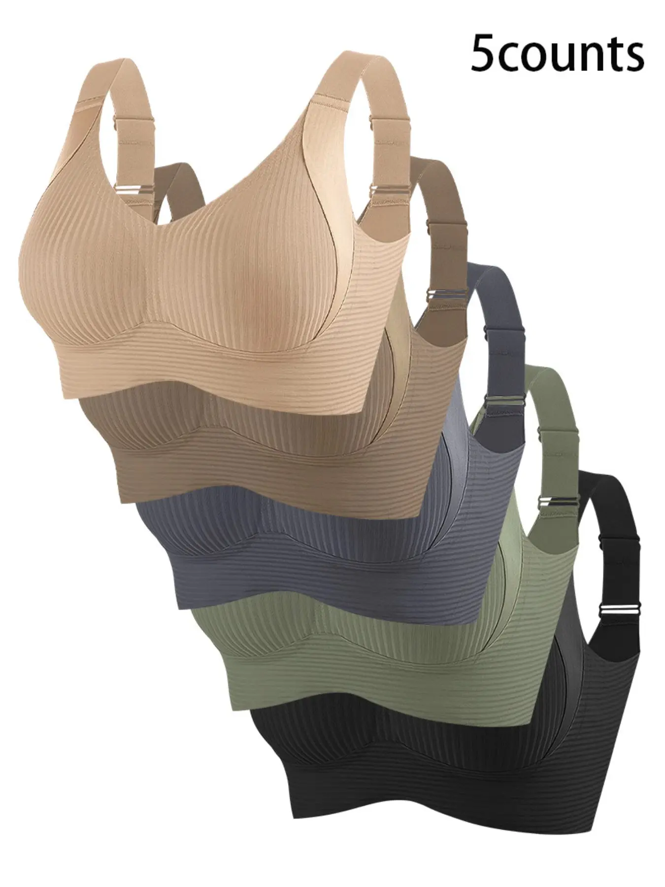 Women's Seamless Bra Set, Push-Up Wireless, Side Support Shock Absorption, Suitable for Sports and Leisure, 5 Pieces, Sports Bra Pack