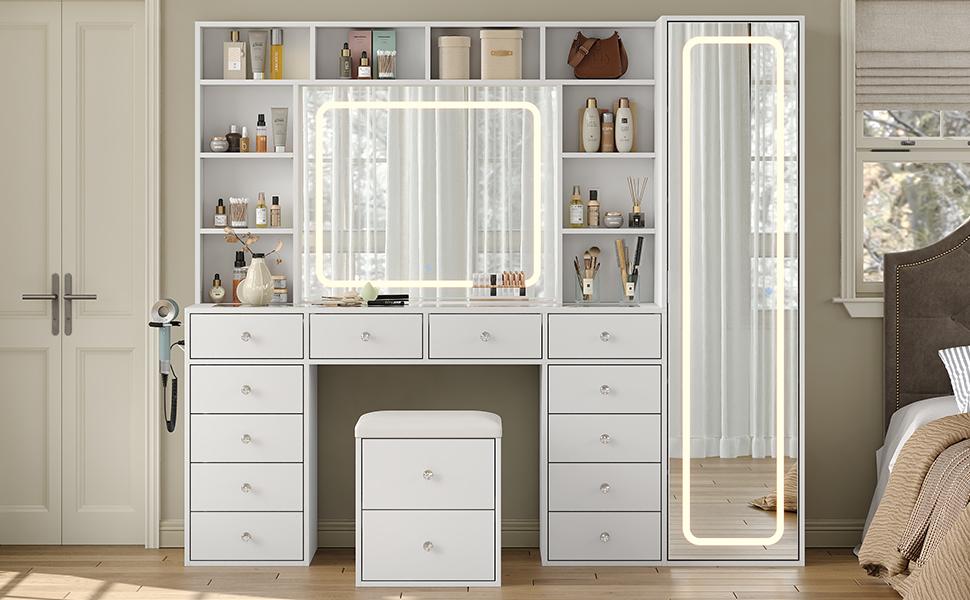 [Shipping by 3 Packages] FUSOU 2-in-1 Vanity Desk Full Length Mirror & LED Mirror with Power Outlet, Makeup Vanity 14 Drawers & 10 Shelves, Hidden Storage Capacity, Dimmable & 3 Color Lighting Dressing Table for Bedroom, White,Shipping by 3 Packages