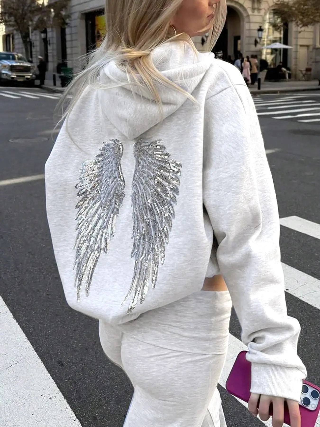 Women's Y2K Cute Hoodie with Sequin Angel Wings, Winter Fashion Long Sleeve Casual Sweatshirt, Knit Pullover Hoodie, Trendy Women's Clothing