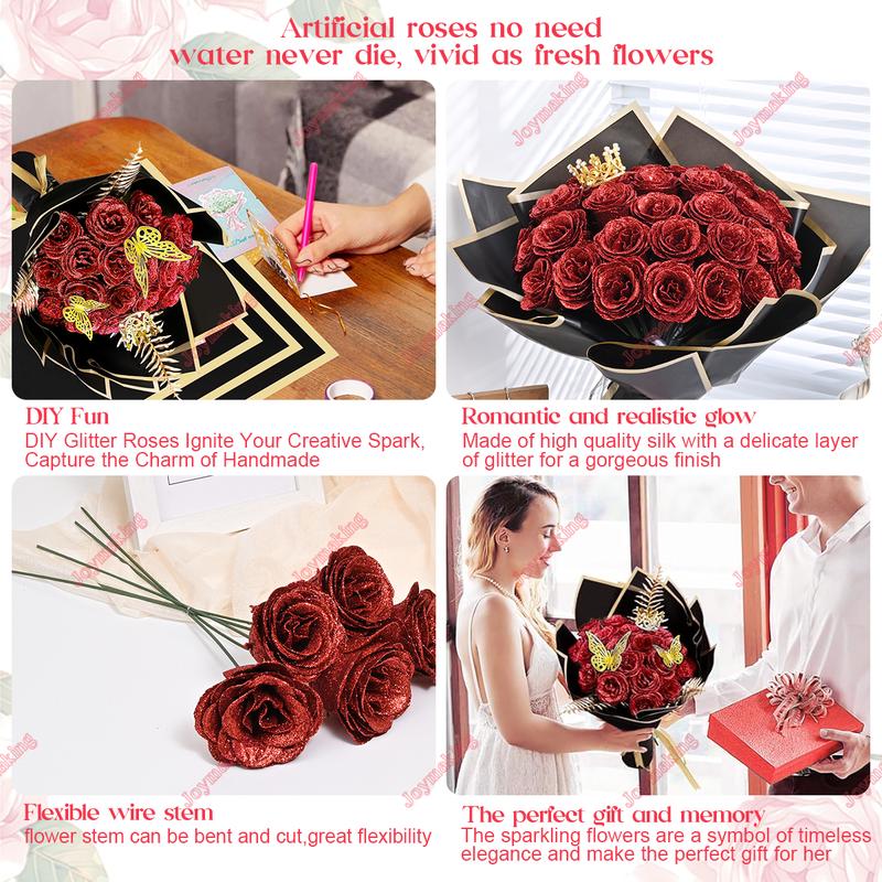 24/36 Pcs Valentine Gift Glitter Roses Bouquet Set DIY Fake Flowers Bouquet with 3D Butterflies Crowns Alphabet Stickers & Ribbons for Girlfriend Wife Mom Friend Women Gift Perfect for Valentine's Day Birthday Engagement Wedding Anniversaries Graduation