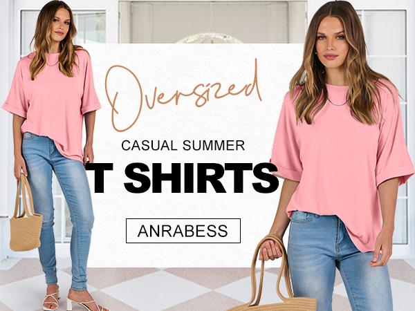 ANRABESS Women's Oversized T Shirts Short Sleeve Crewneck Summer Tops Casual Loose Basic Tee Shirts Trendy Womenswear Basic Tee