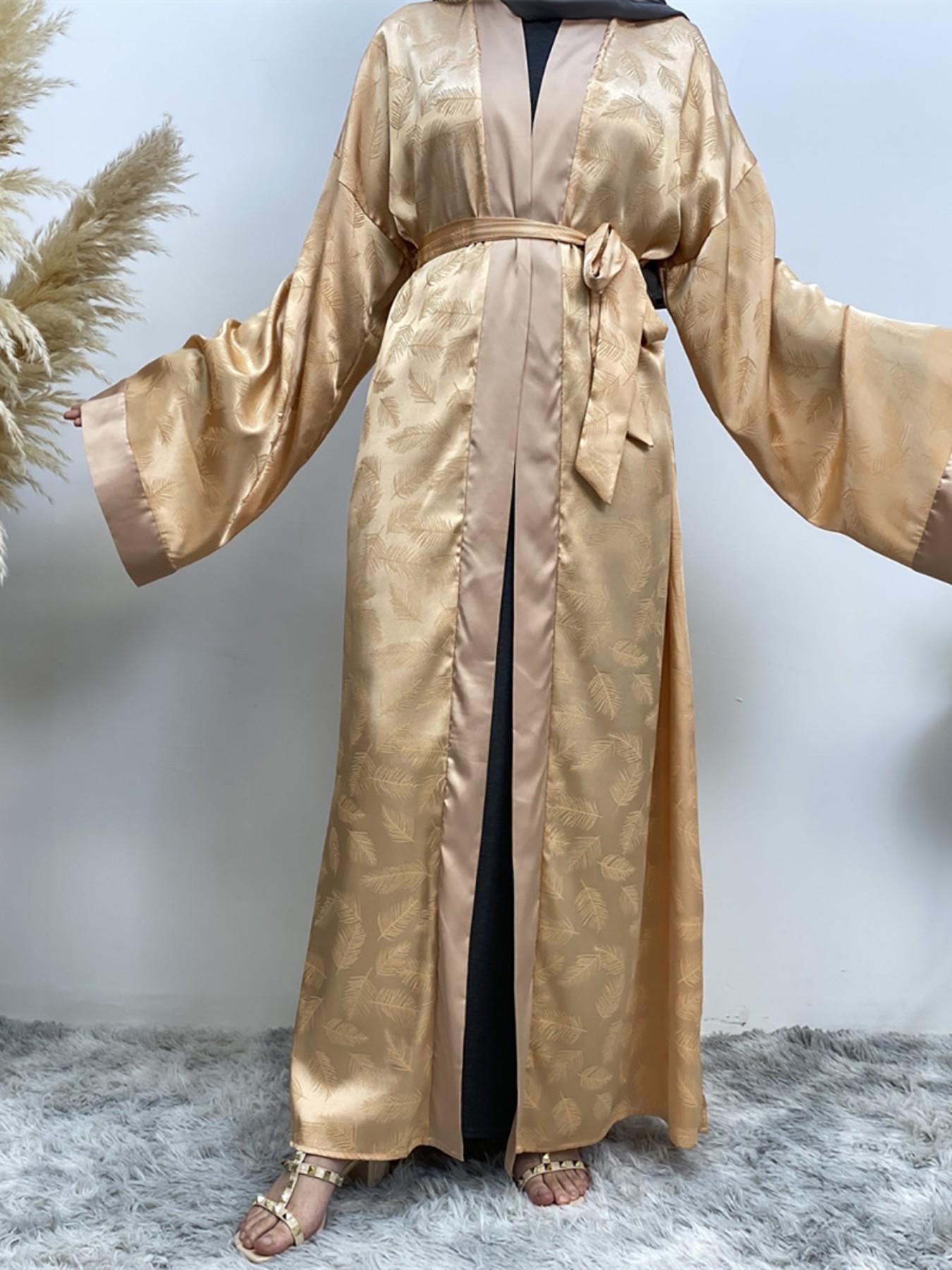 Women's Elegant Gold Foil Imitation Satin Lightweight Muslim Open Abayas, No Headscarf, All Seasons, Loose-Fitting Cardigan Top