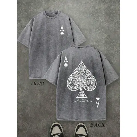 Men's Oversized Vintage Washed Heavyweight Cotton Graphic Tee - Ace Print, Retro Acid Wash, Unisex, Worn-In Fade Look, Cozy, Ornate Back, Streetwear Fit, Trendy Tops, Men's T Shirts