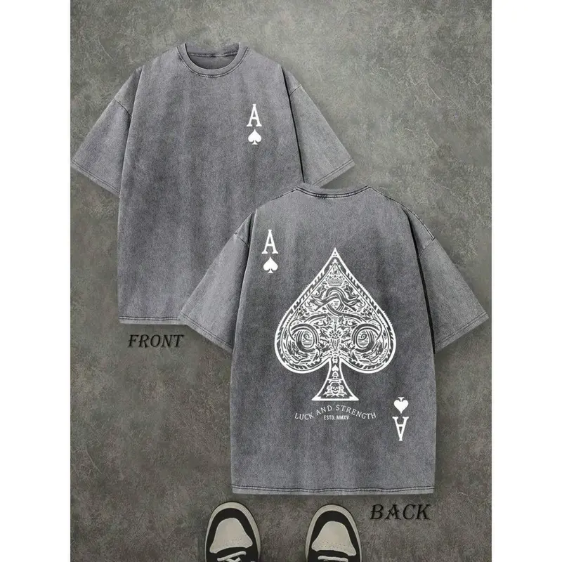 Men's Oversized Vintage Washed Heavyweight Cotton Graphic Tee - Ace Print, Retro Acid Wash, Unisex, Worn-In Fade Look, Cozy, Ornate Back, Streetwear Fit, Trendy Tops, Men's T Shirts