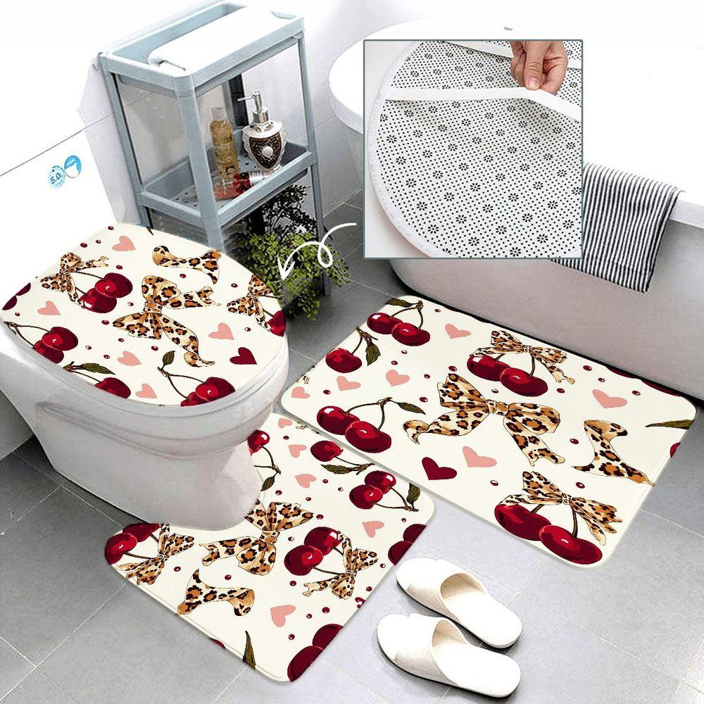 1/4pcs Cherry & Leopard Print Bathroom Set, Shower Curtain with Cream Background, Red Cherries, Pink Hearts, Leopard Bows, Toilet Cover, Bath Mat, Perfect for Valentine's Day Mother's Day Bedroom Decor - Stylish Home Bathroom Accessories Set