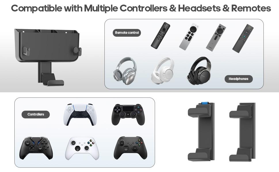 Controller & Headset & Remote Holder Wall Mount with No Drill, 2 Packs Gaming 4 Controllers Hanger Hook Mount for PS5/PS4/XBOX/Switch, Headphone Stand & Remote Control Holer Wall Shelf with Adhesives