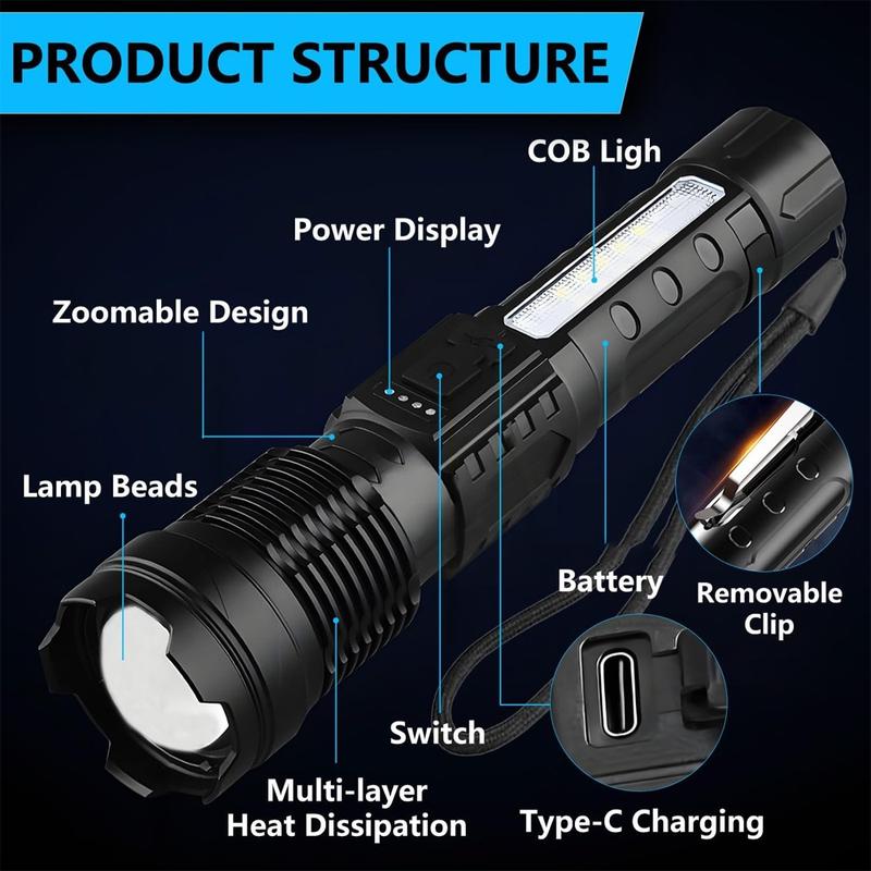 2-pack Rechargeable LED Flashlight, Portable Pen Clip Flashlight with Telescopic Zoom and Power Indicator, 7 Lighting Modes, Strong Handheld Flashlight for Outdoor, Camping, Work, Emergency Situations