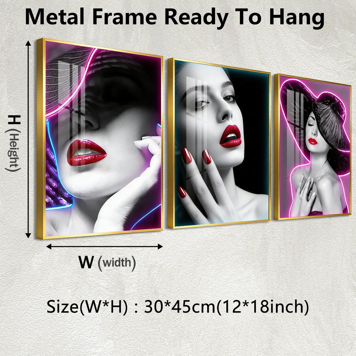 3 Counts Aluminum Alloy Framed Painting, Neon Beauty Portrait Art With Red Lips And Nails, Home Decoration For Living Room, Bedroom, Office, Restaurant, Hallway Wall Decor, Odorless Print Artwork, Luxury Perfect Gift For Friends And Family