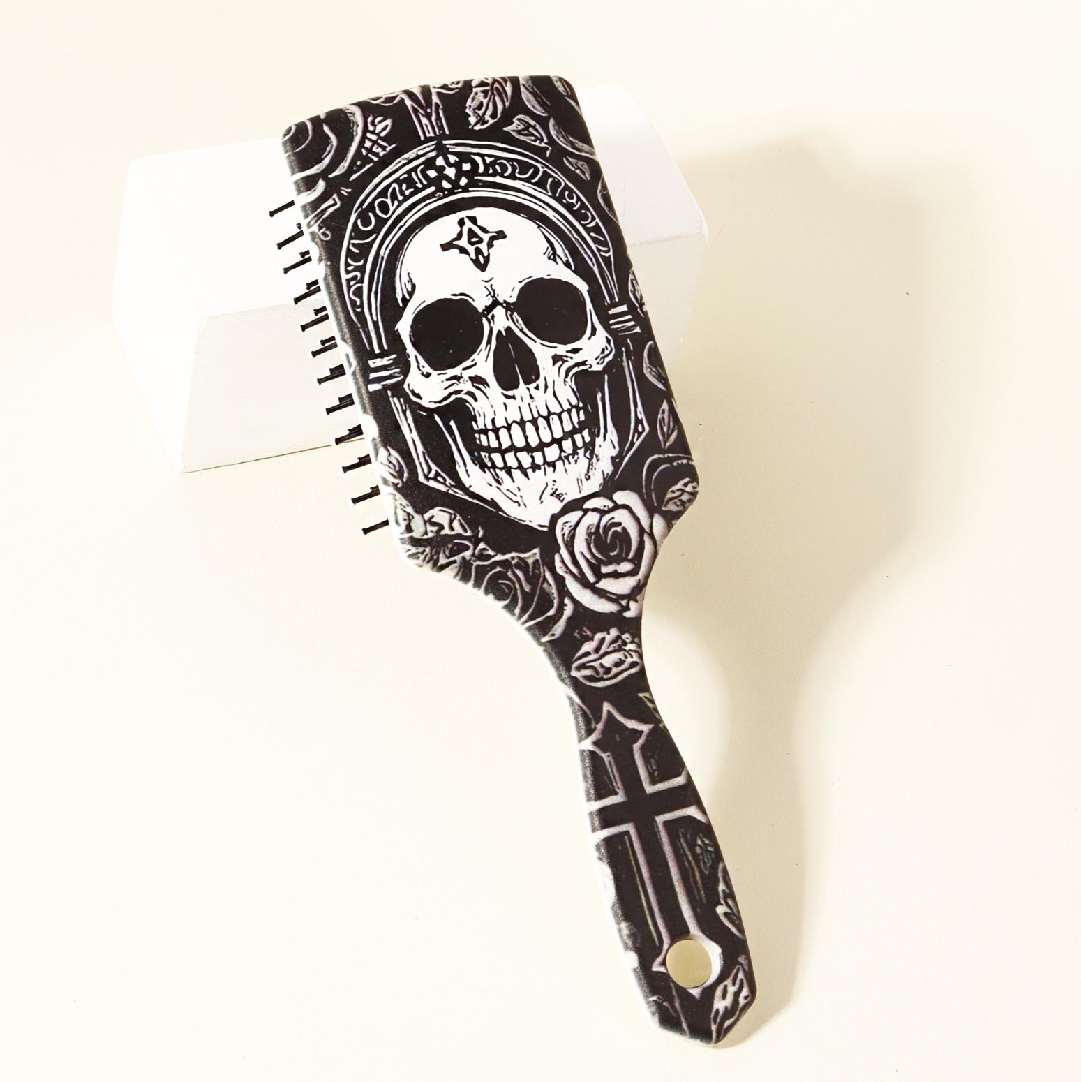 Skull and Flower Pattern Paddle Comb, Massage Exfoliating Brush, Durable Abs Plastic Handle, Suitable for All Hairstyles