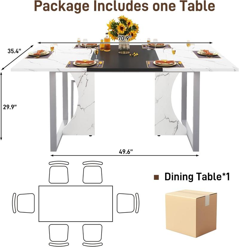 70IN Large Dining Table for 4 5 6 People,White Kitchen Dinner Table W/Marble-Color Wood Waterpoof Tabletop,Rectangular Family 6FT Dining Tables w/Adjustable Leg for Office Home Living Dining Room
