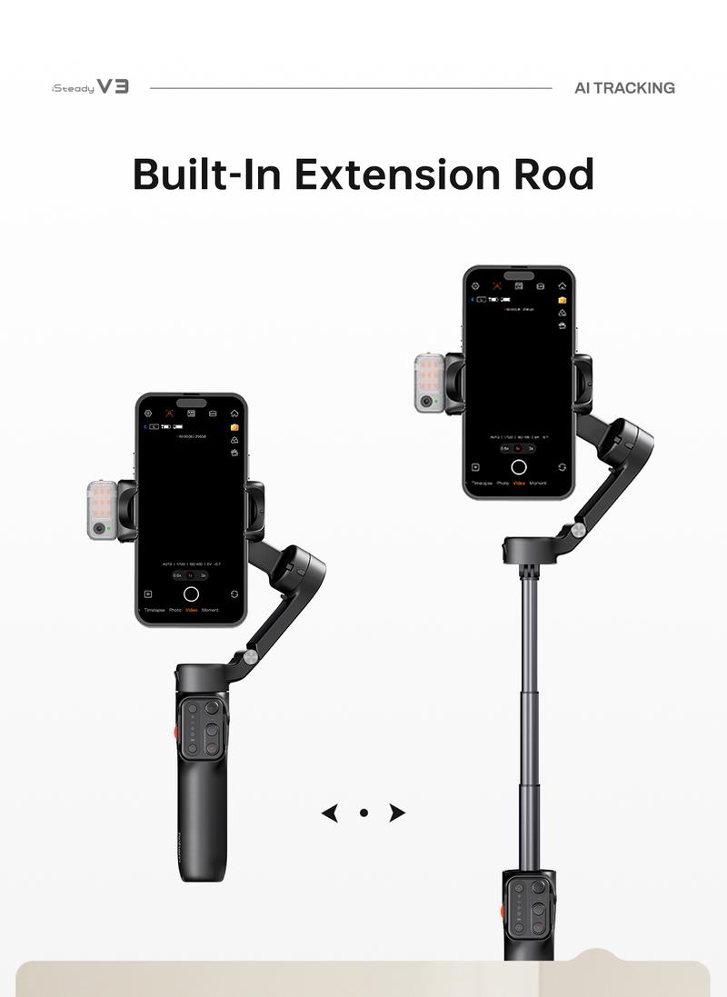 Hohem iSteady V3 New Gimbal Stabilizer for SmartiPhone, 3-Axis Phone Gimbal, Magnetic AI Tracker, Built-in Extendable Rod & Tripod, Detachable Remote Control,selfiestick,Phone Accessories,Suitable for Android & iPhone 17 series, Travel, Vlog, TikTok