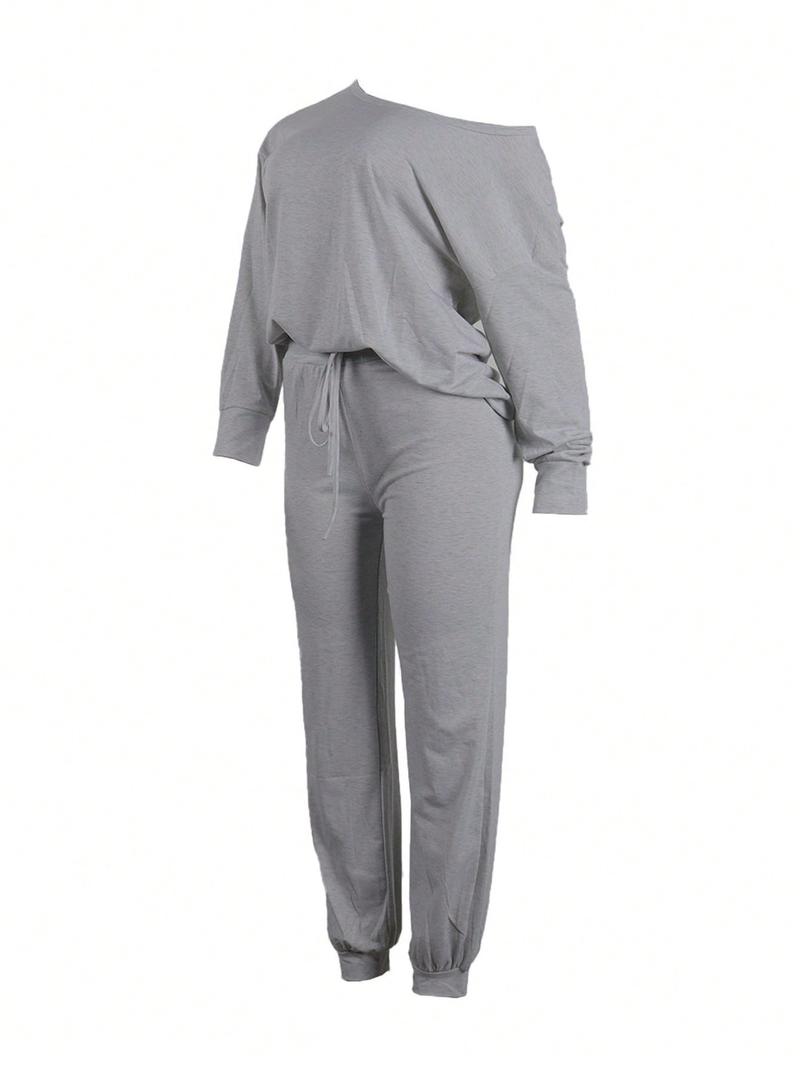 Plus Size Women's Casual One Shoulder Two-Piece Set, Solid Color Home Wear, Comfortable Daily, Ladies Fashion Clothing