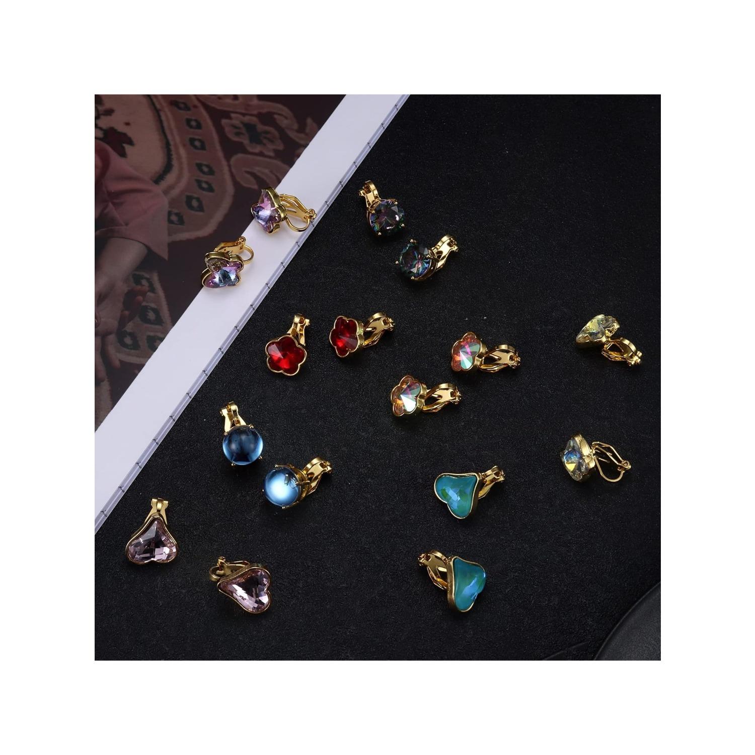 8 Pairs Clip On Earrings Set for Women - Non-Pierced CZ Heart, Butterfly, Flower Earrings - Hypoallergenic, Vibrant Color Birthstone Clip Ons