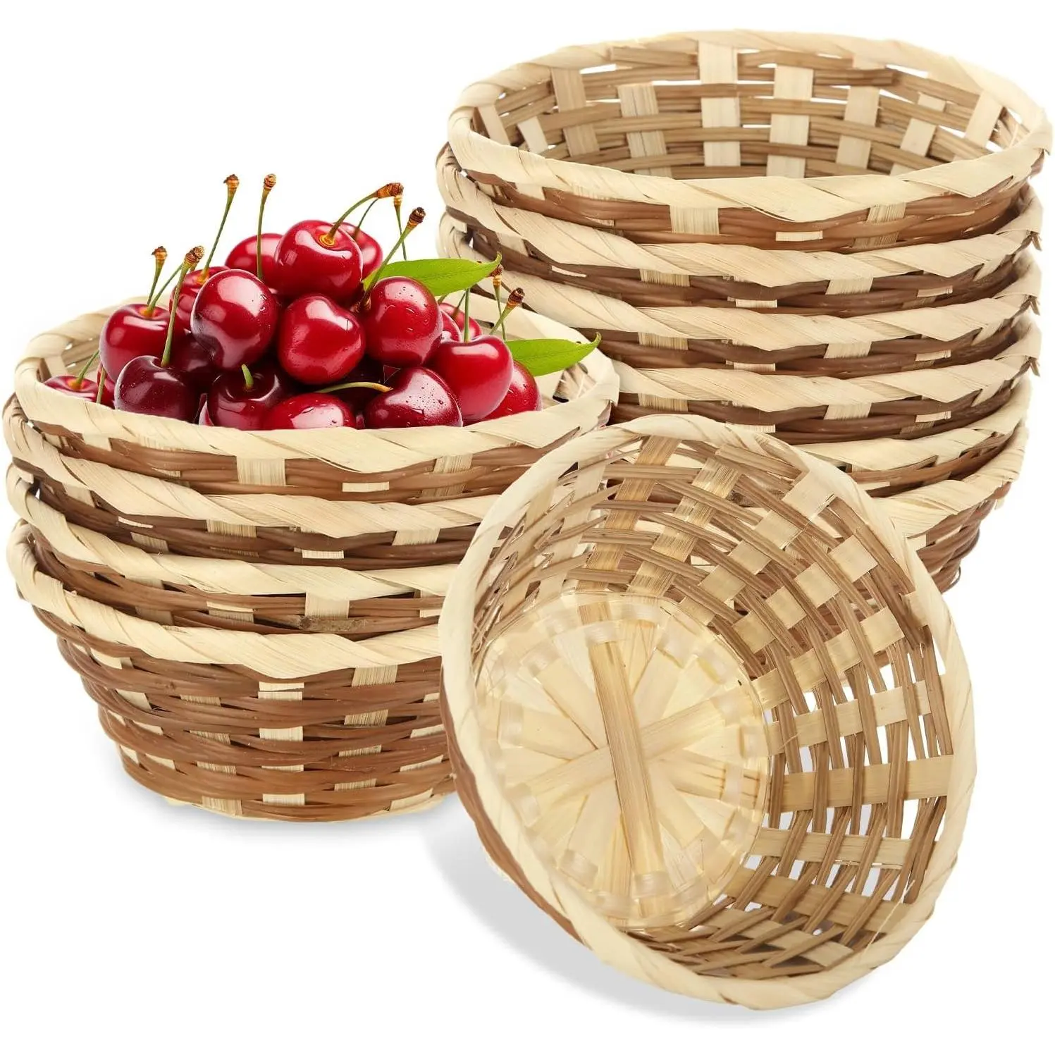 15 Pack 7 Inch Round Bamboo Woven Bread & Fruit Baskets, Woven Serving Gift Baskets for Food, Ideal for Picnic Restaurant Home Use, Size 7x7x3 Inch