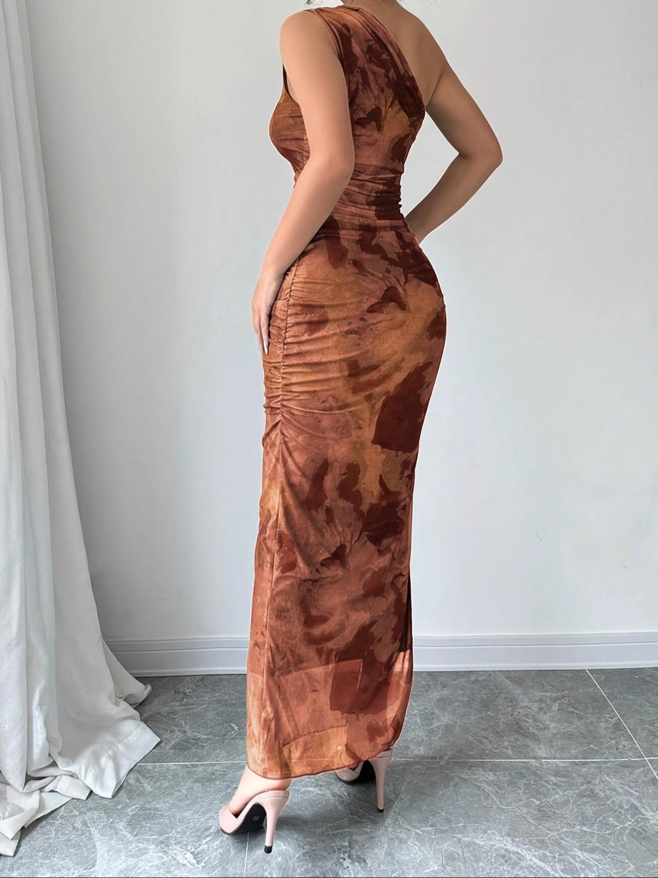 Women's Graphic Print Asymmetrical Neck  Dress, Elegant Sleeveless Split  Dress for Party Holiday Wedding Guest, Ladies Summer Clothes