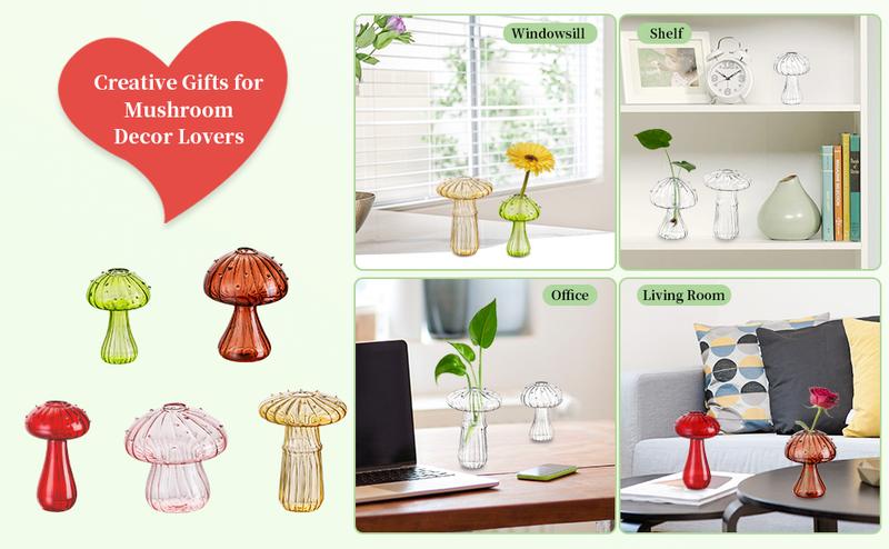 NUPTIO Colorful Mushroom Glass Vase Mini Cute Hydroponic Indoor Planters Spring Gifts for Women Room Table Decor Windowsill Propagation Bud Vase Ornaments for Bouquet Display