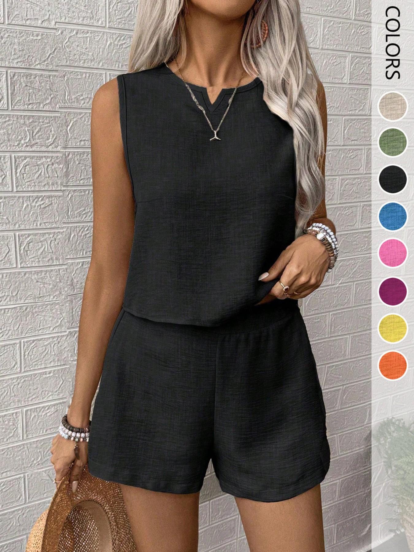 Women's 2-Piece Set, Casual V-Neck Sleeveless Top and Wide Leg Pants, Summer Loose Fit, Home Wear, Office, Vacation, All Seasons, Womenswear