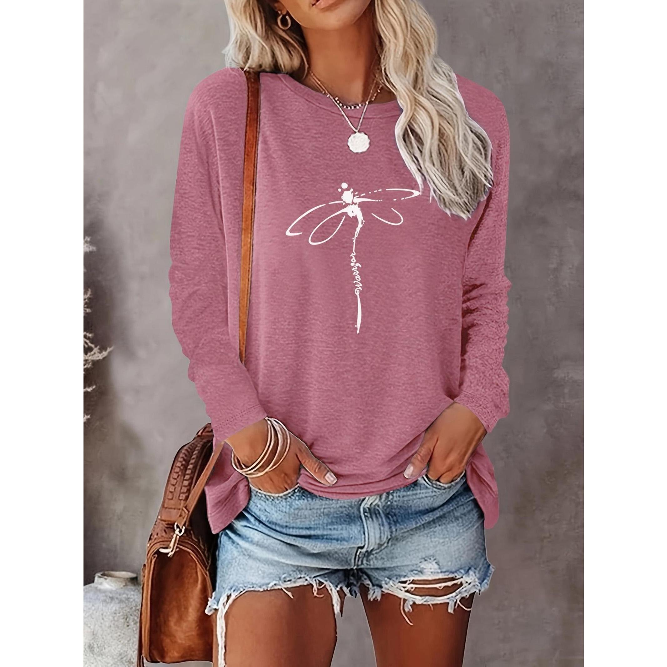 Women's Dragonfly Print Round Neck Tee, Casual Long Sleeve Crew Neck T-Shirt for Summer, Fashion Women's Top for Daily Wear, Everyday