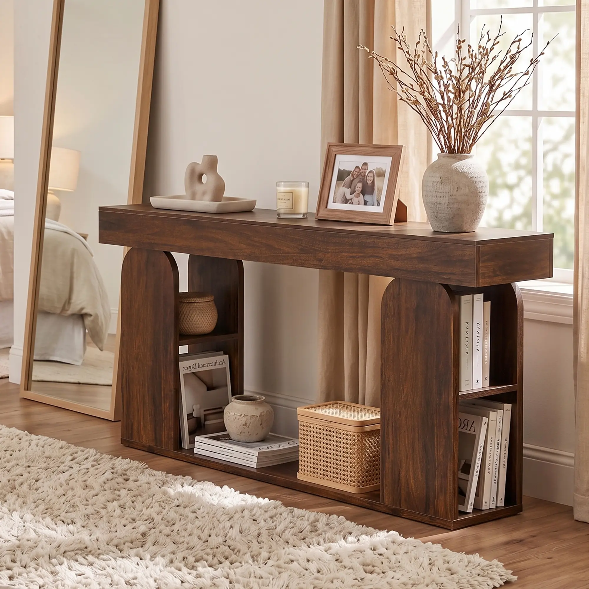 71 In Entryway Console Table with Storage Shelf, Natural Shatter-Crack Oak Finish Indoor Cupboard Furniture for Living Room, Entryway Table