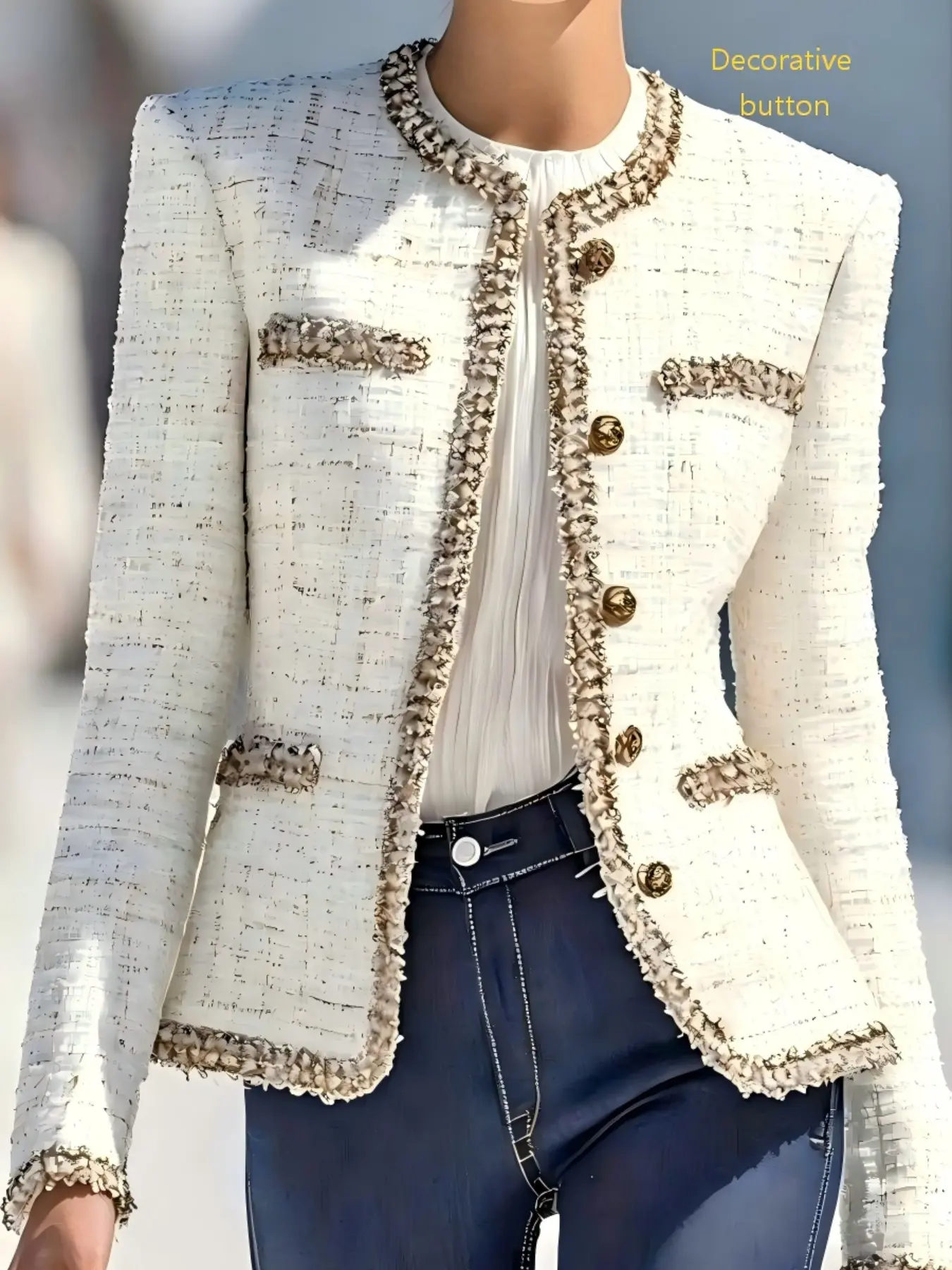 2026 Fall Winter New French Style Tweed Short Coat for Women, Fringe Round Neck Button, Waist Cinch Slimming Office Top
