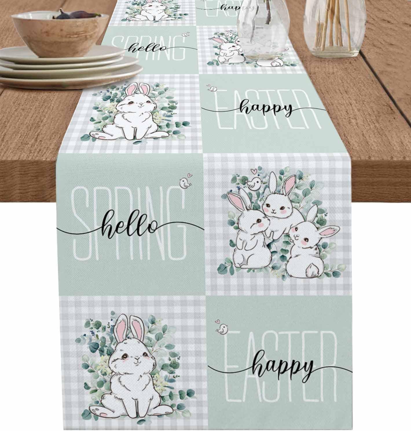 1pc,Easter Table Runner Small Kitchen Dining Room Decor, Round Square Wedding Coffee Party Home Easter Bunny Spring Eucalyptus Leaves Tartan