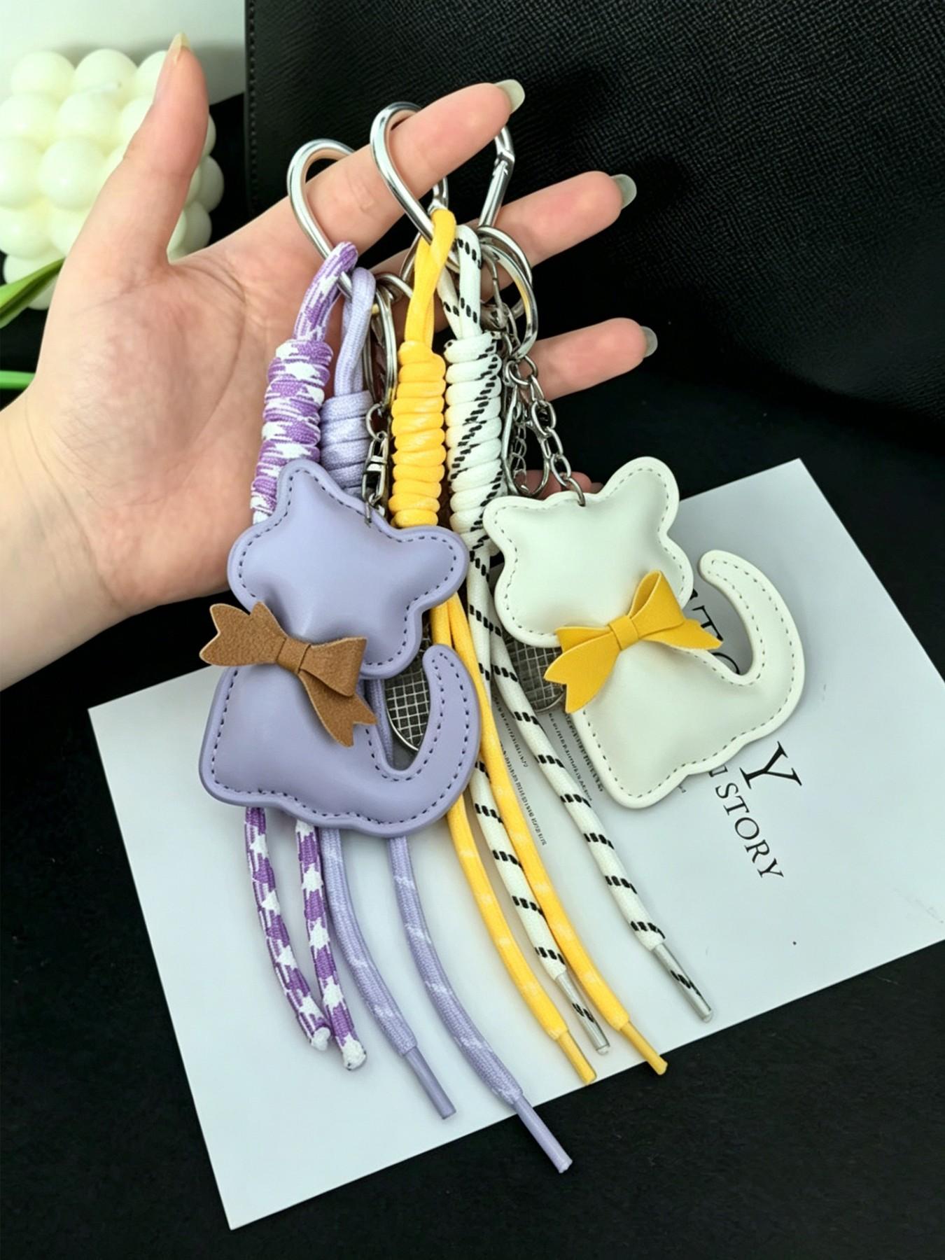 Miu Style Butterfly Knot Cat Keychain, Cute Heart Leopard Pattern Pendant, Casual All-Season Accessory for Bags and Backpacks