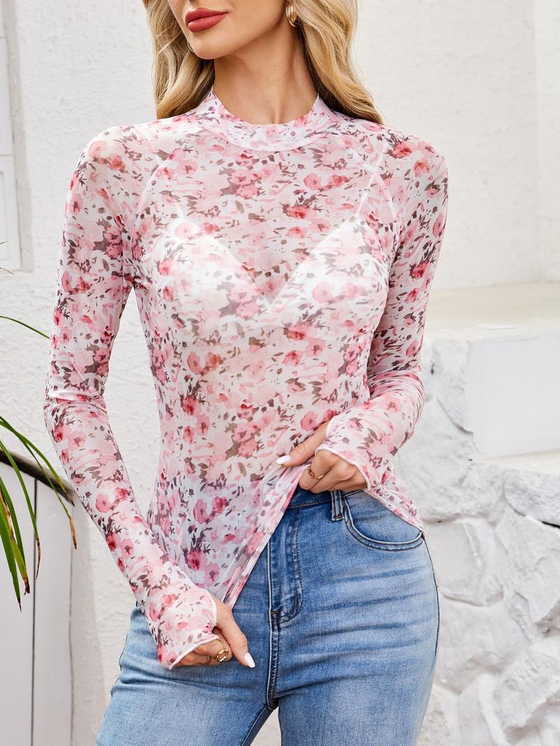 Women's Ditsy Floral Long Sleeve Top, Contrast Mesh Patchwork, Sexy High Neck Blouse, Fashion Casual Fitted Bottom Layer