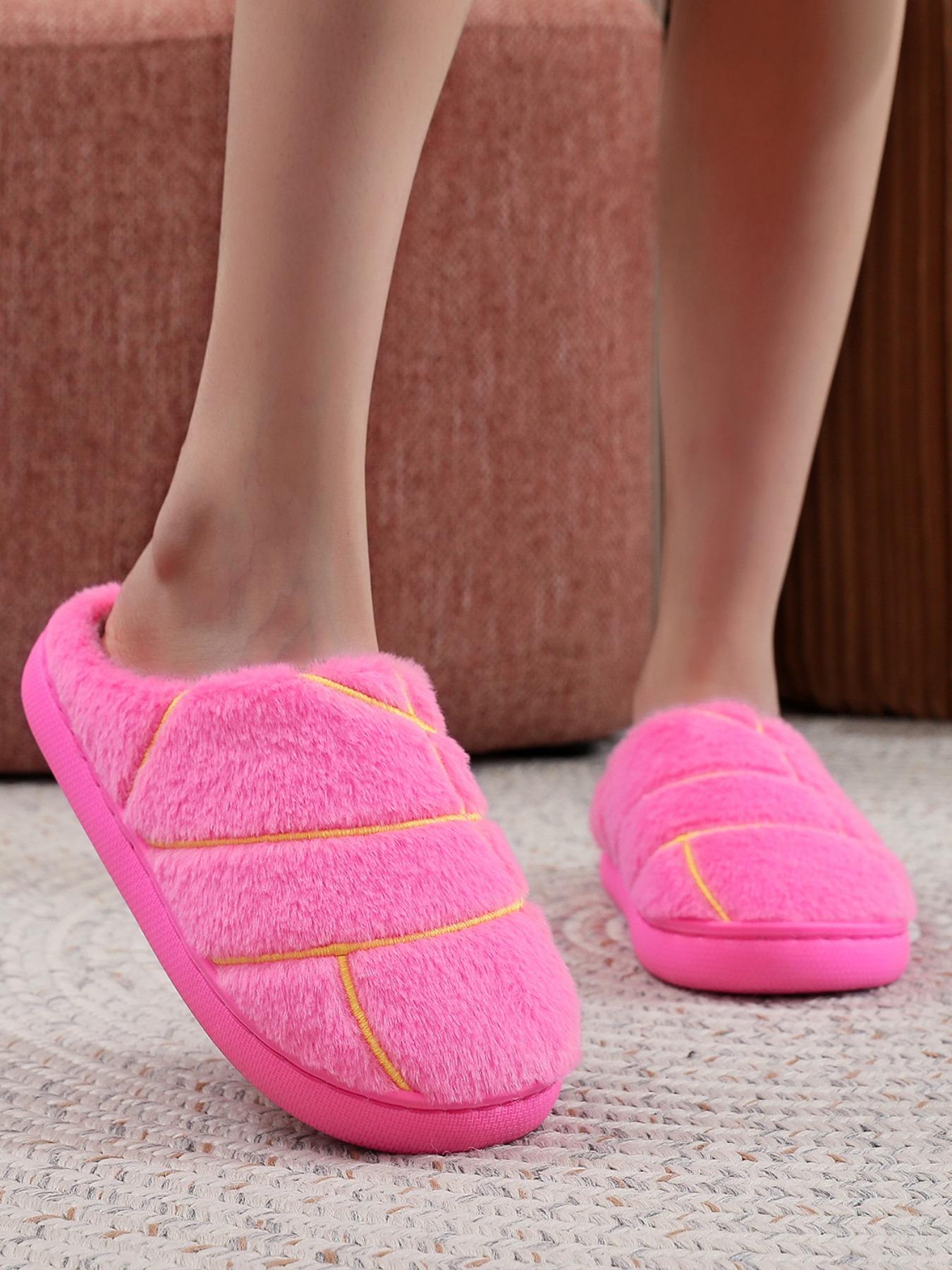 Plush Slippers with Embroidered Concha Bread Design, Unisex Indoor Outdoor Soft Warm Non-Slip Shoes, Perfect Christmas Gift