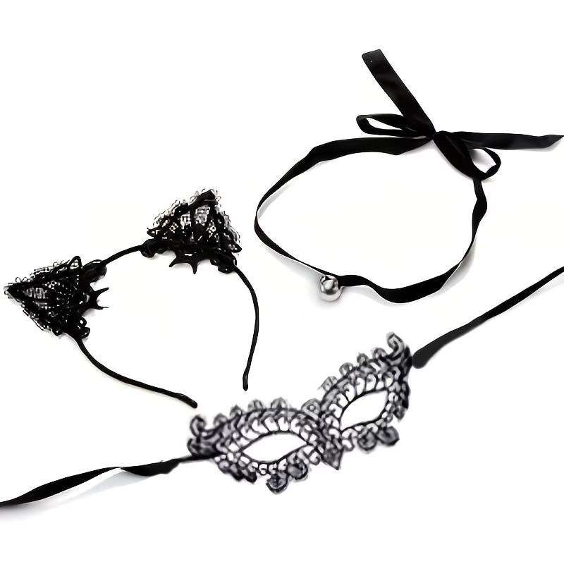 3-Piece Cat Costume Set, Halloween Makeup Party Mask, Adult Lace Ears Necklace and Collar, Women's Cat