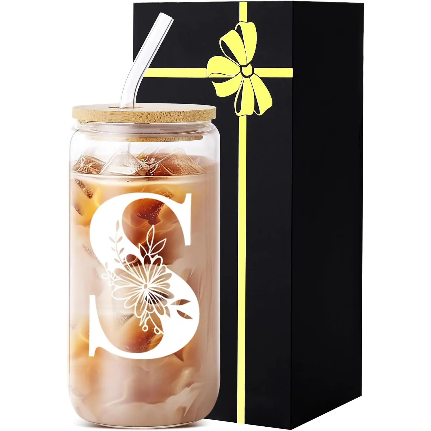 Monogrammed Glass Drinking Cup With Lid Straw Comfort Gifts For Woman Customized Coffee Cup Regalos Para Mujer Teen Girl Gifts Trendy Stuff Iced Glass Tumbler  Have For Women Apartment Essential